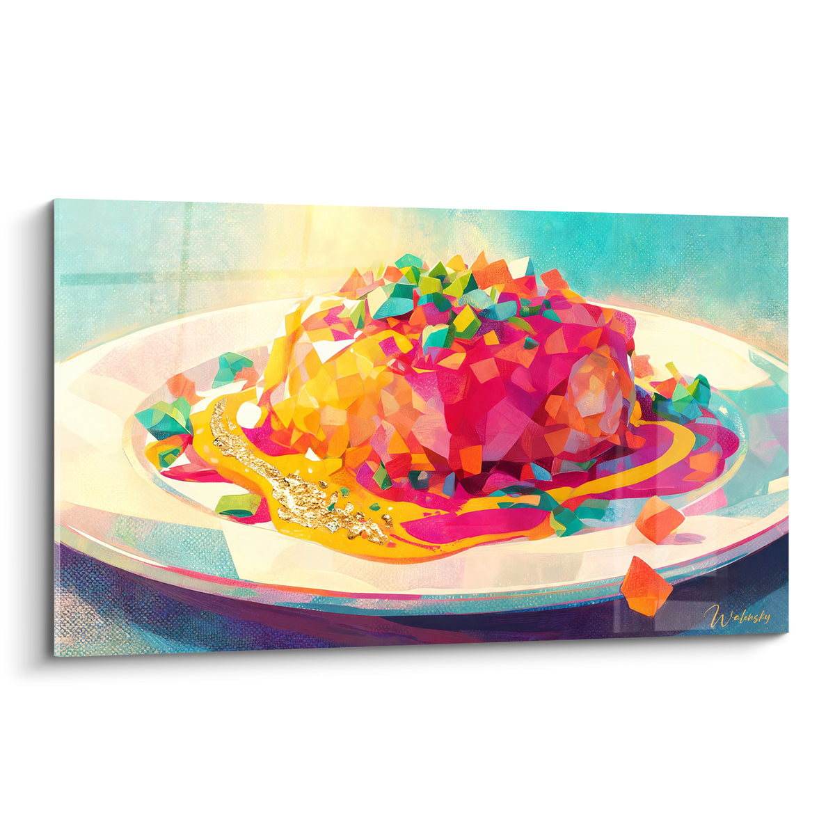 Tableau plat facetté rose fuchsia et doré sur assiette blanche aux reflets turquoise
