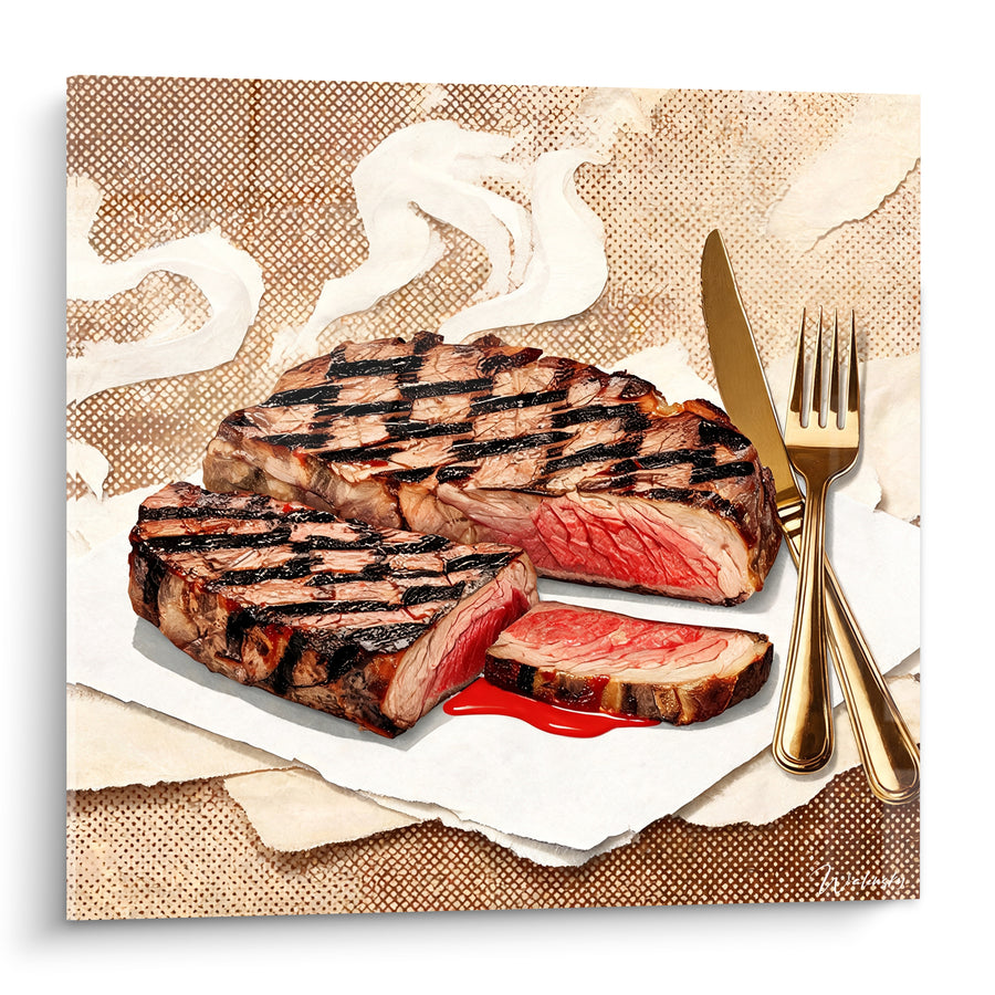 Schilderij Gegrilde steak bruin en goudkleurig rood - Directe eetlust - Editie Gerecht