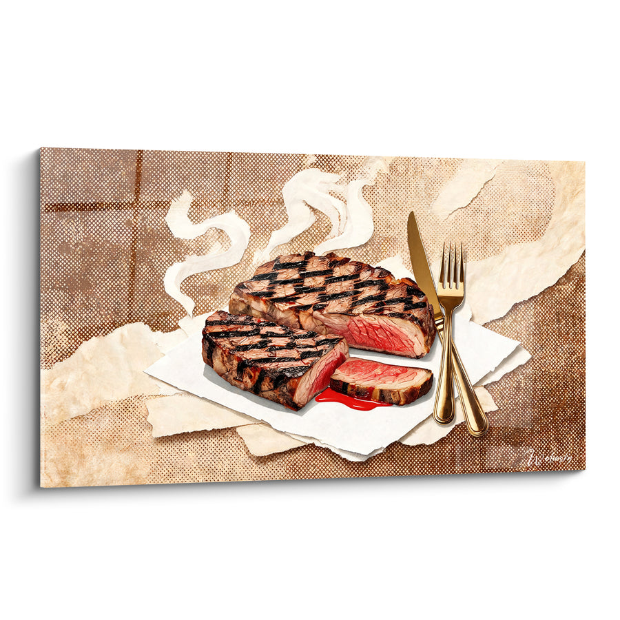 Tableau Steak grillé fumant couverts dorés - Appétit grillé - Edition Plat