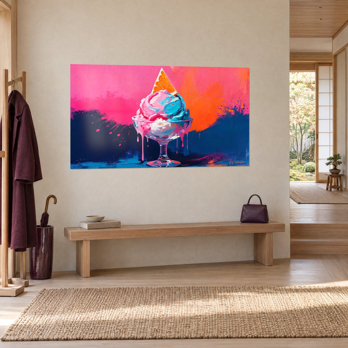 Tableau sundae pastel aux volutes rose et turquoise, coulures sur le pied en verre, éclaboussures orange, vue de trois-quarts japandi