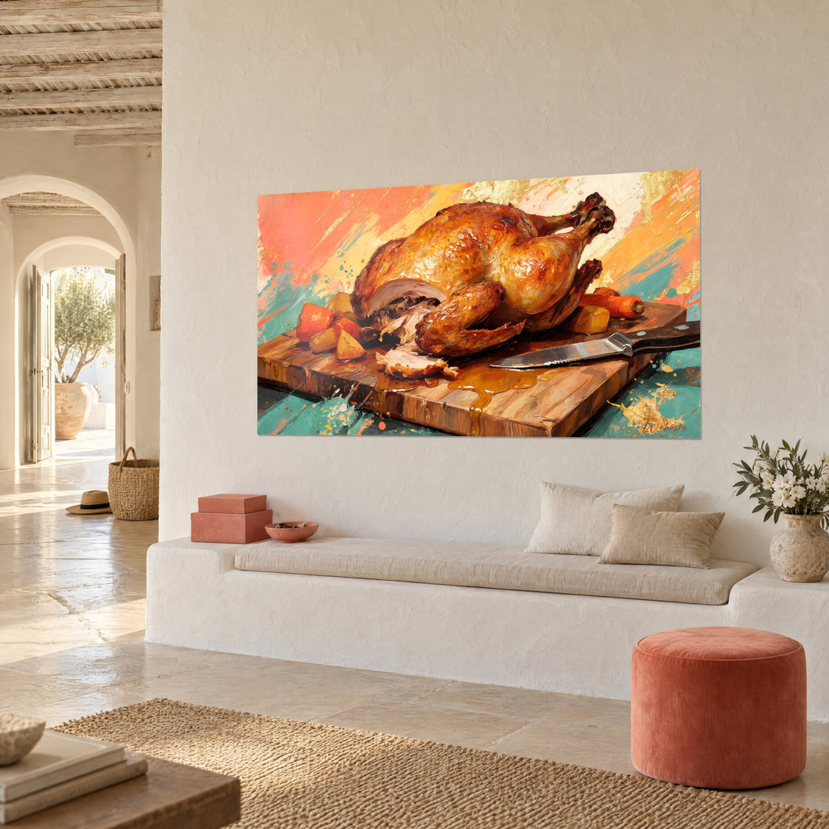 Tableau volaille dorée croustillante, carottes orangées et couteau, fond corail et turquoise, dans une maison méditerranéenne