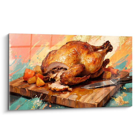 Tableau Volaille rôtie dorée sur planche turquoise - Festin généreux - Edition Plat