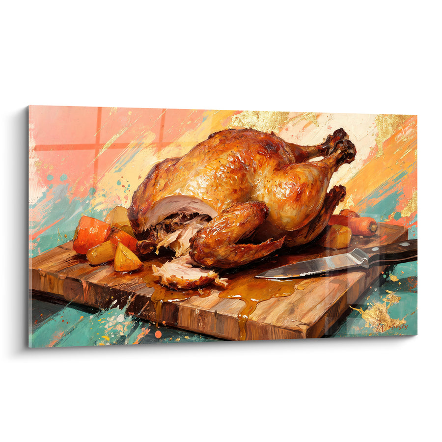 Tableau Volaille rôtie dorée sur planche turquoise - Festin généreux - Edition Plat