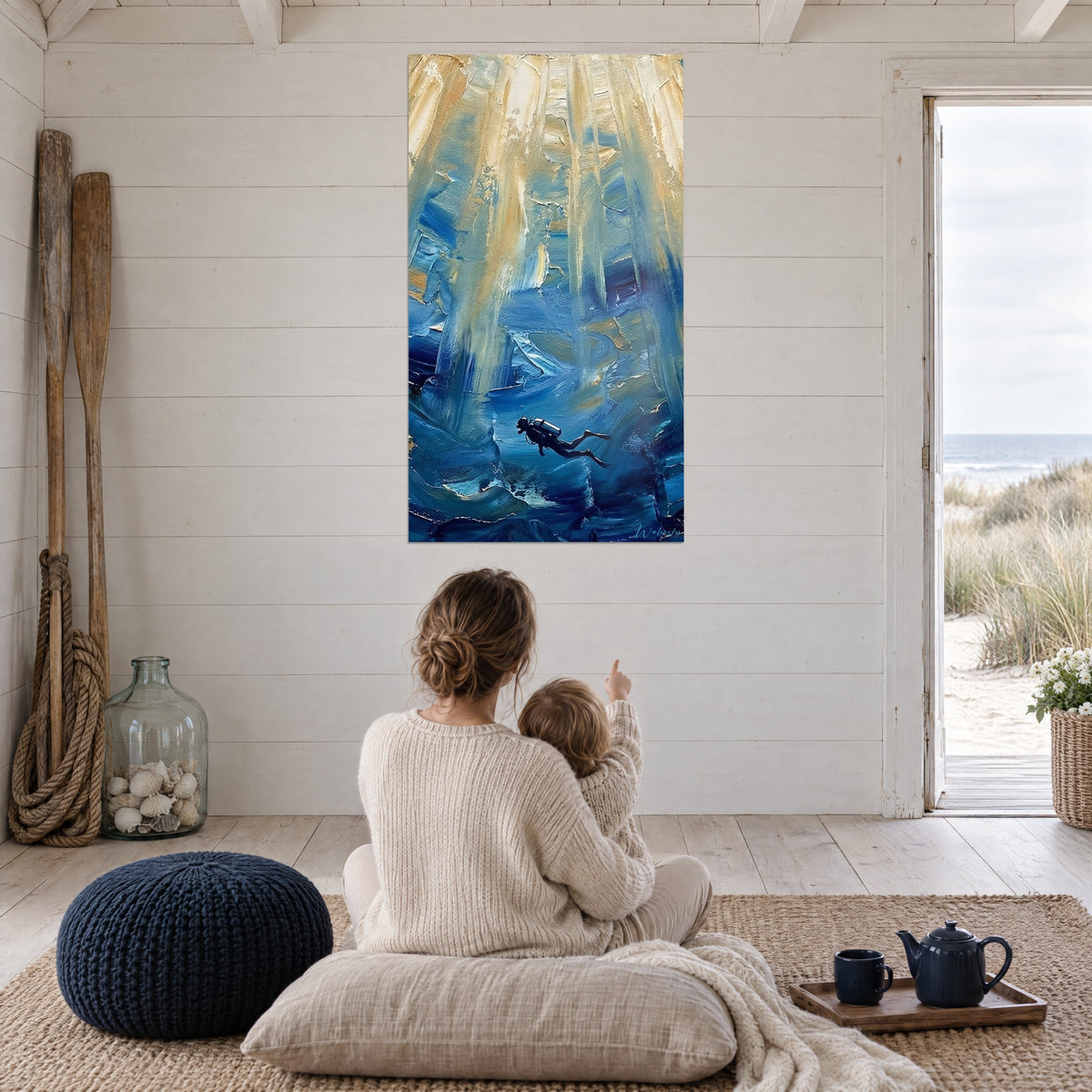 Tableau spéléonaute aquatique devant parois gelées, turquoise profond et or pâle, salon de bord de mer face à la plage