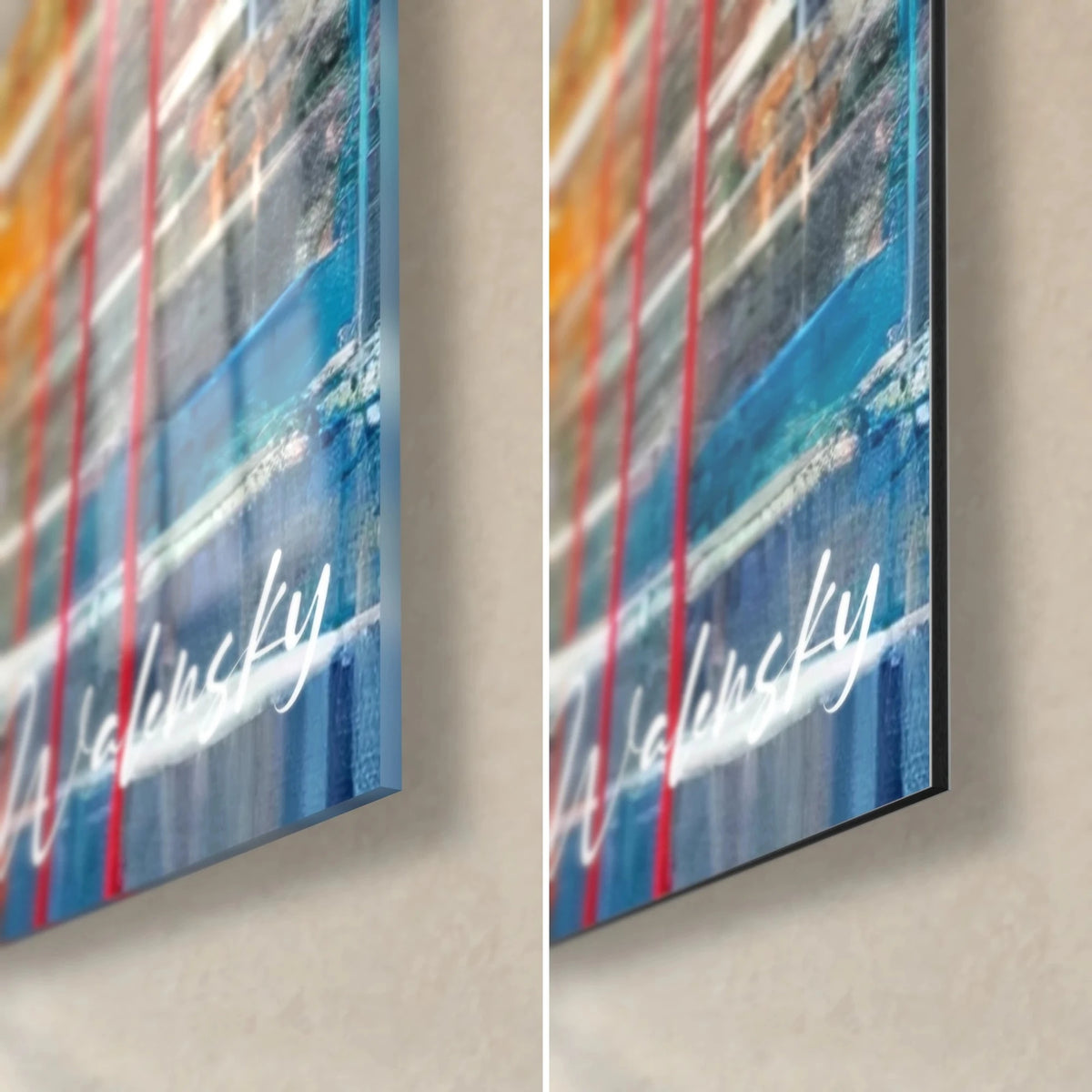Wall art passerby with a red umbrella, bottom right corner: glossy acrylic glass and matte black Dibond, blue and red paint drips, 3 mm edge