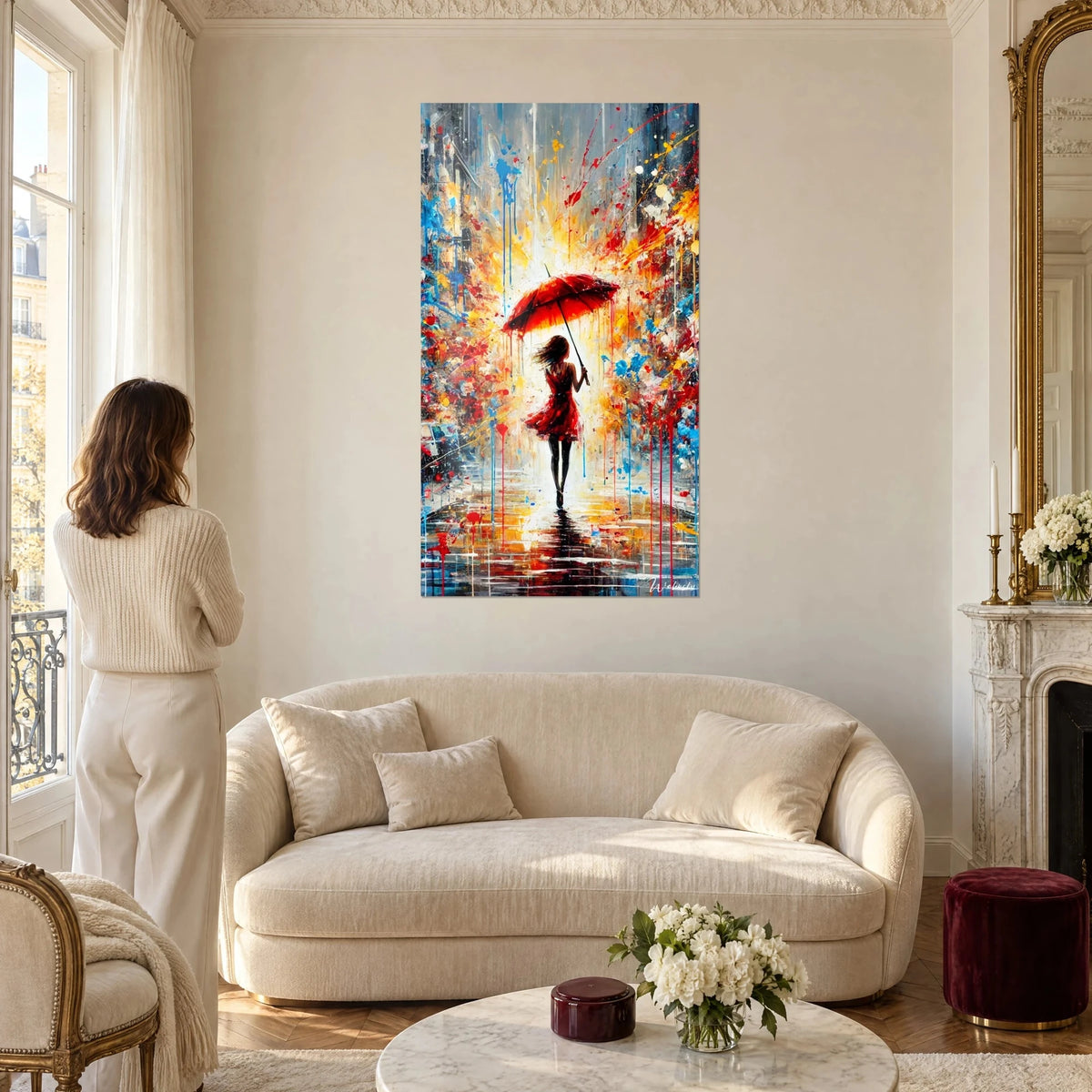 Wall art woman with a scarlet parasol under a rain of yellow and blue paint, woman seen from behind, above a sofa in a bright living room