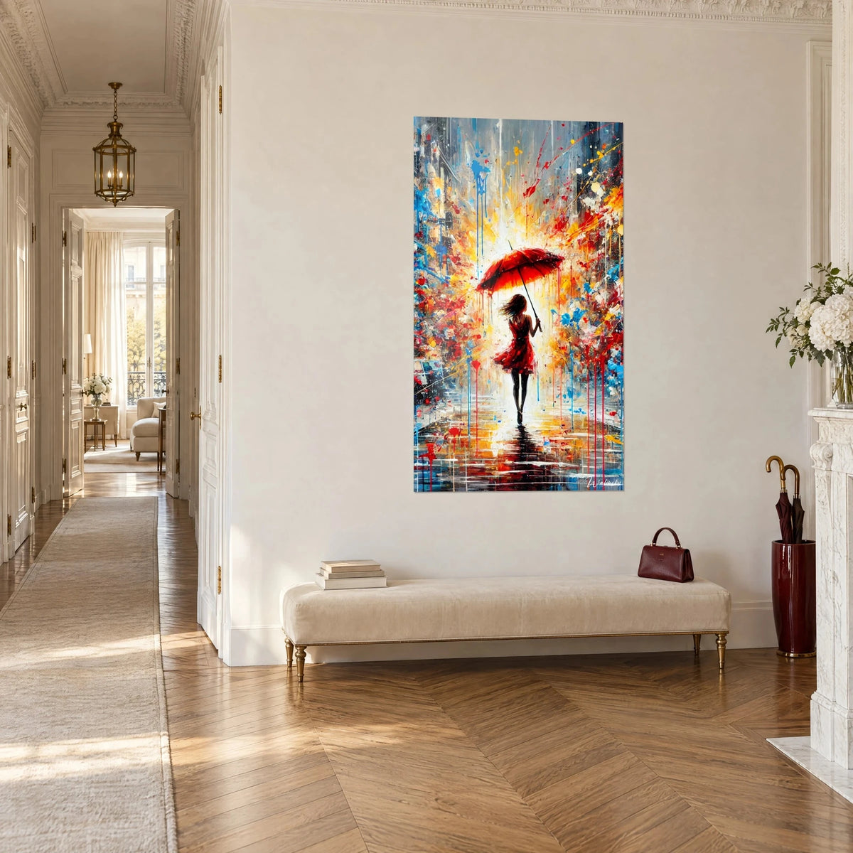 Wall art silhouette in a red dress under an umbrella, orange and turquoise splashes, three-quarter view in a Haussmann-style hallway