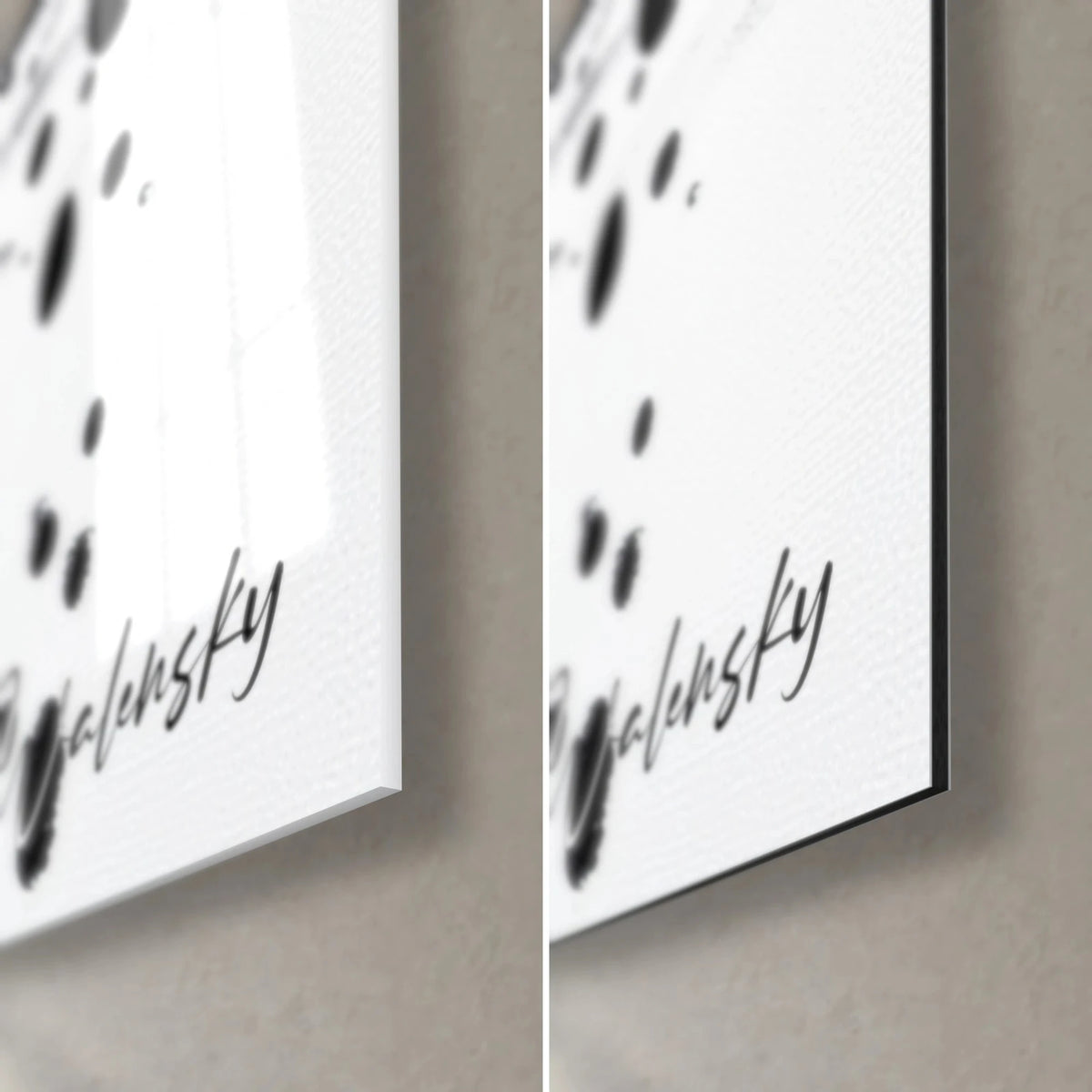 Gemälde mit schwarzem Tintenregen auf Weiß, graue handschriftliche Signatur, untere rechte Ecke: glänzendes Acrylglas und matt weißes Dibond