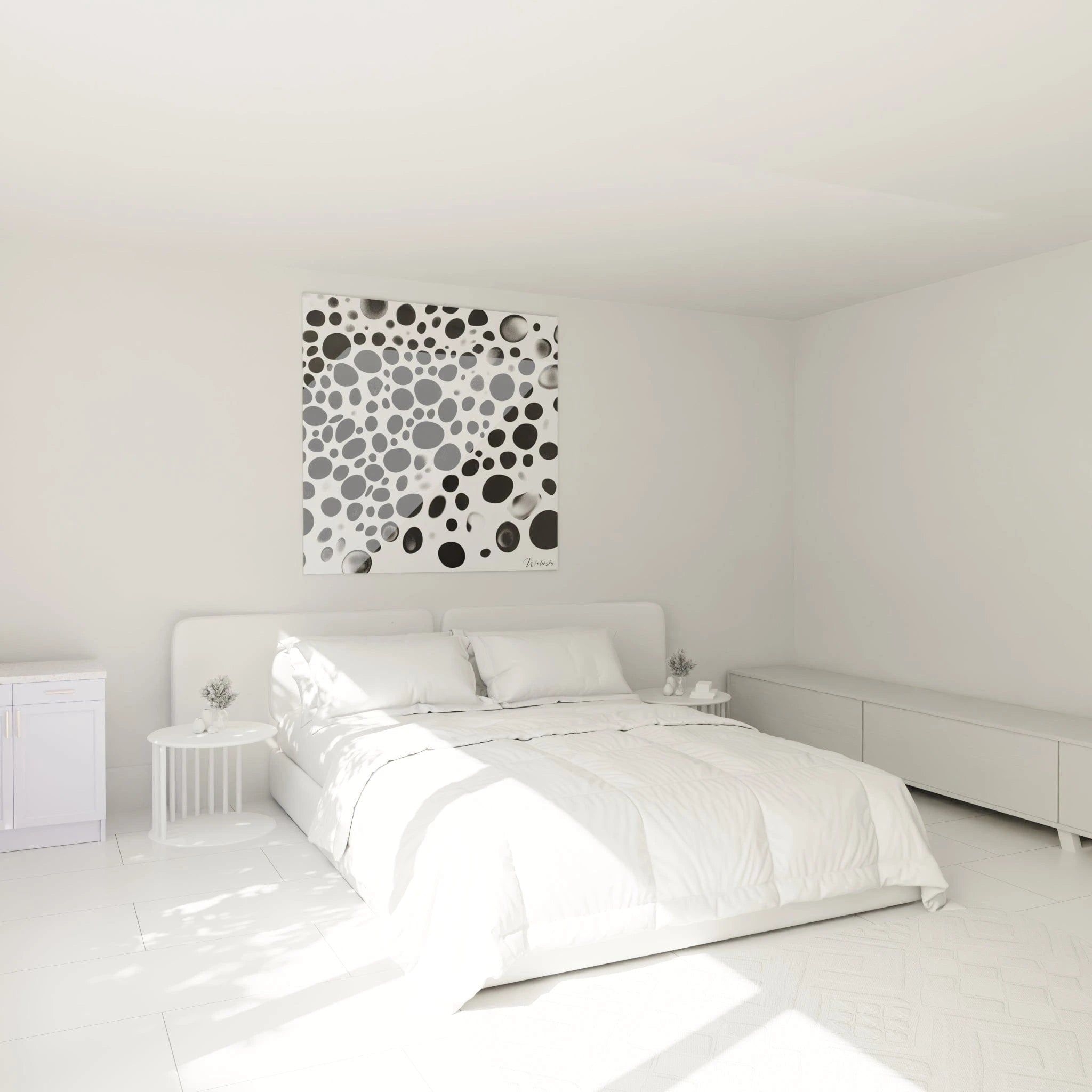 Tableau tacheté noir et blanc de Walensky accroché dans une chambre moderne lumineuse