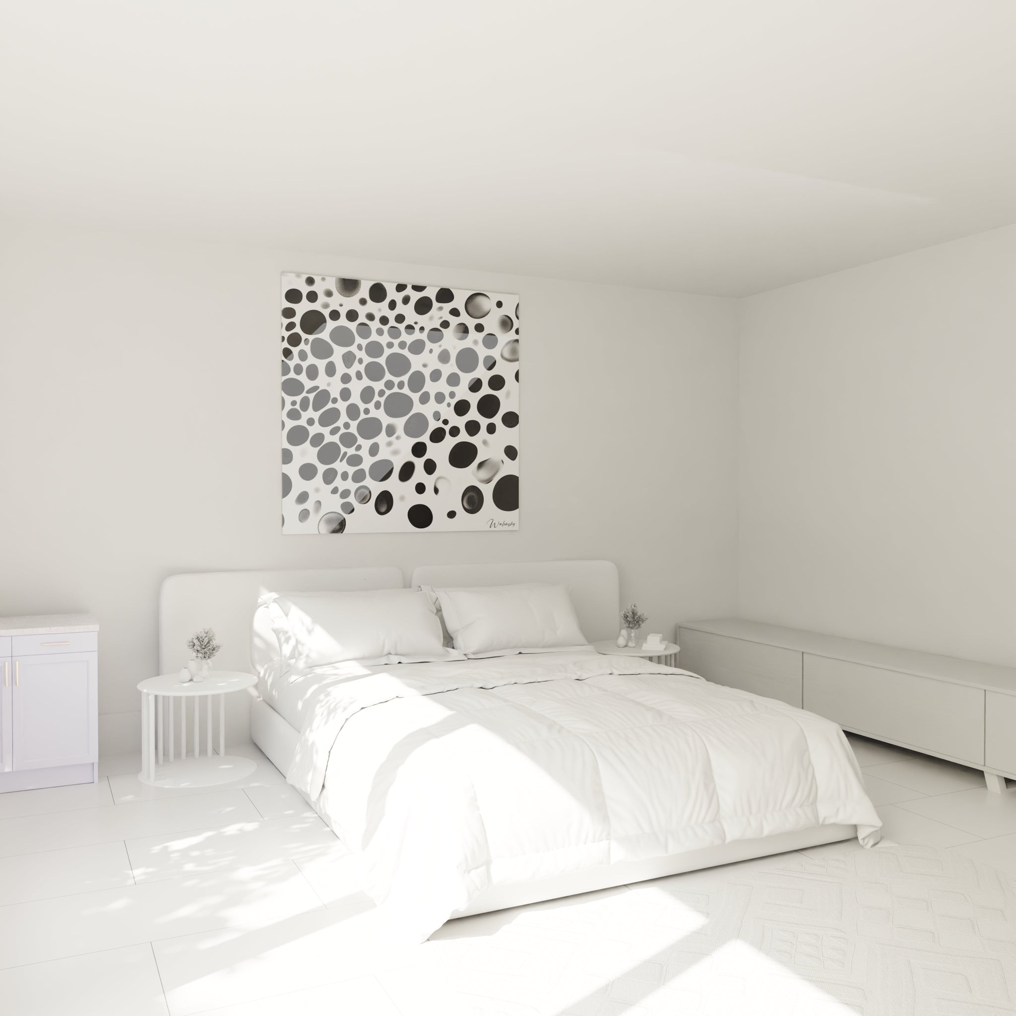 Tableau tacheté noir et blanc de Walensky accroché dans une chambre moderne lumineuse