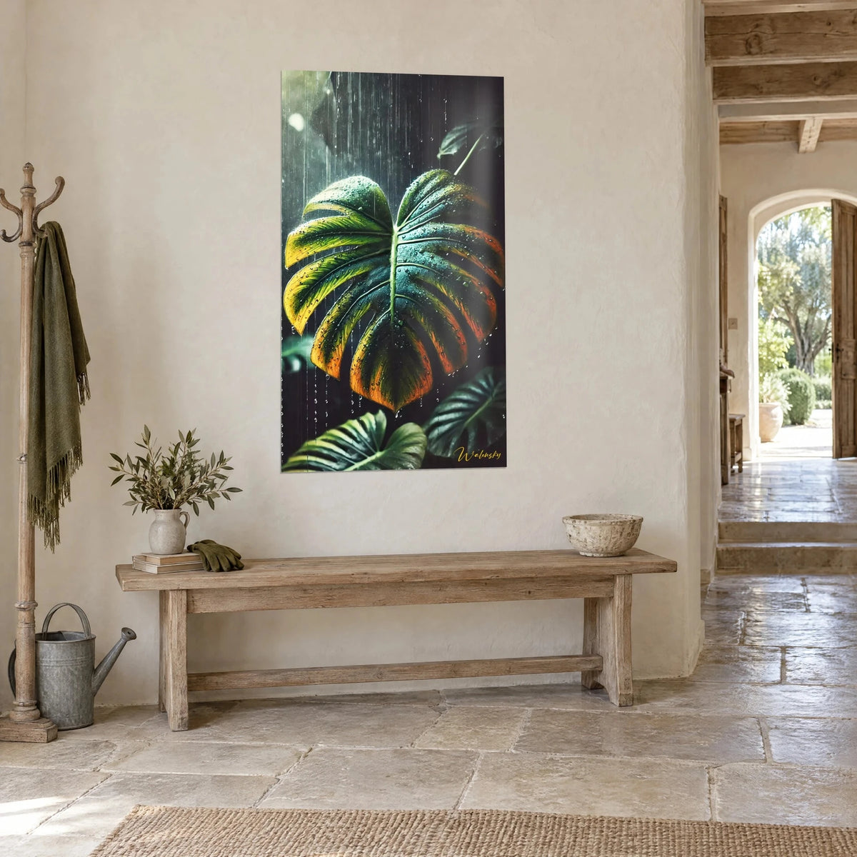 Wall art large tropical leaf with vivid green veins and amber edges, dark background, on a stone wall, three-quarter view
