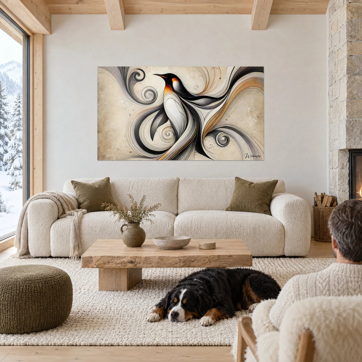 Gemälde Kaiserpinguin mit schwarzen und elfenbeinfarbenen Schnörkeln, orangefarbener Schnabel, zwei Personen und ein Hund, über einem Sofa in einem hellen Wohnzimmer