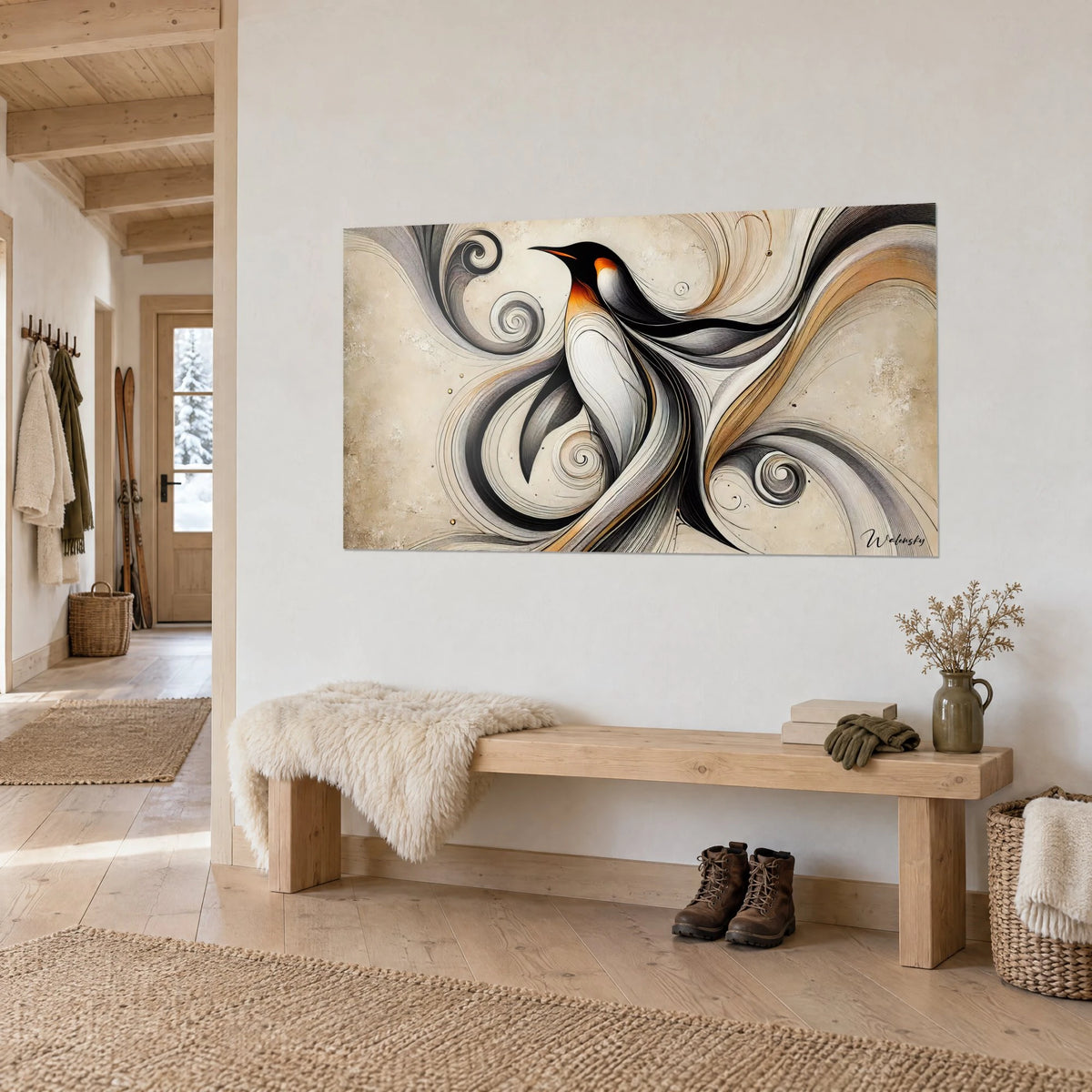 Gemälde stilisierter Polarvogel, weißes Brustgefieder und orangefarbene Kehle, beige Spiralen auf sandfarbenem Grund, über einer Holzbank im Eingangsbereich