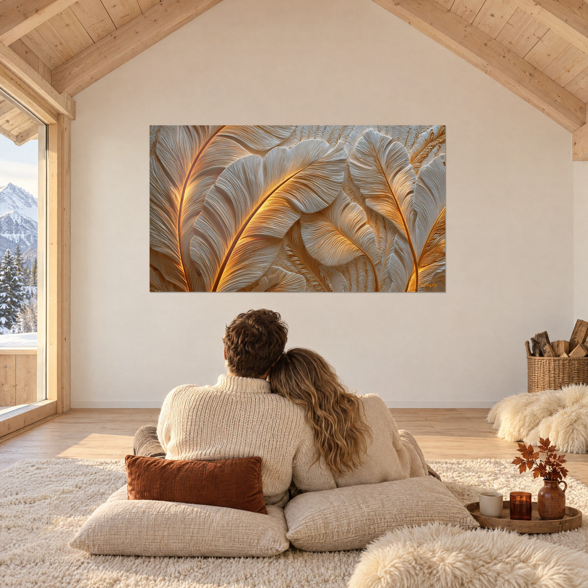 Gemälde geschnitztes Gefieder in perlmuttfarbenem Beige und bernsteinfarbenem Gold, funkelnde Rippen, ein Paar von hinten auf Kissen sitzend in einem Chalet