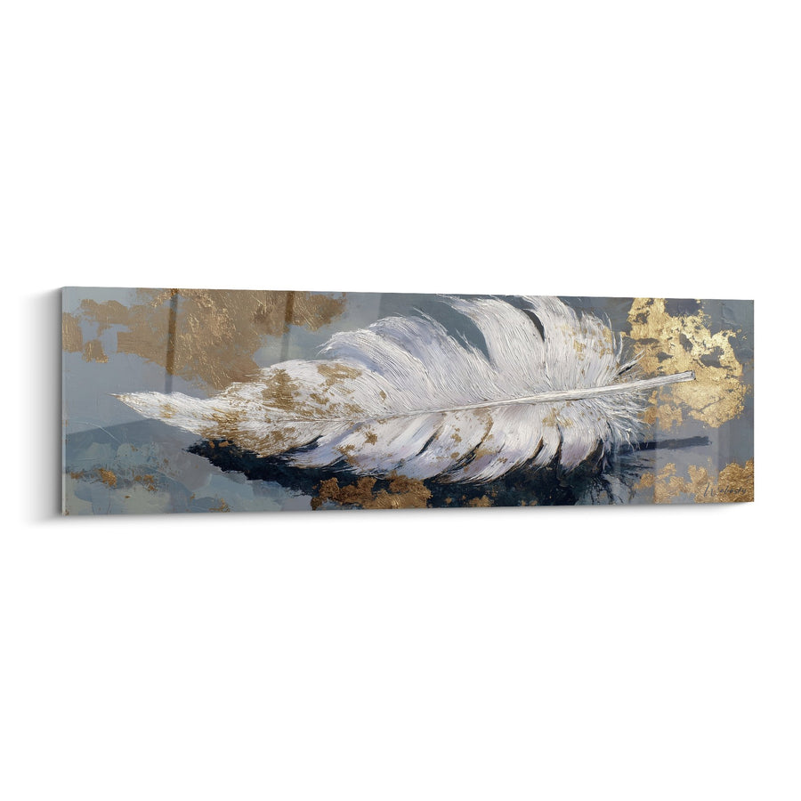 Quadro Piuma Bianca e Dorata su Sfondo Grigio Azzurro - Eleganza Naturale - Edizione Piuma