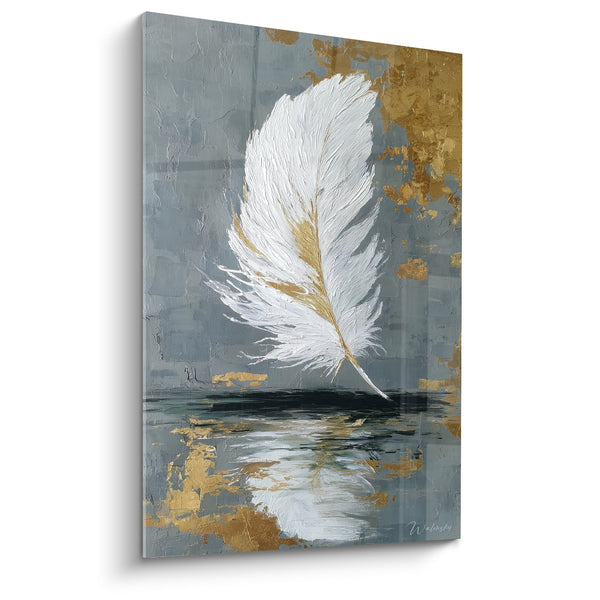 Cuadro de Pluma Blanca y Dorada sobre Fondo Gris Azulado Texturizado - Elegancia Natural - Edición Pluma