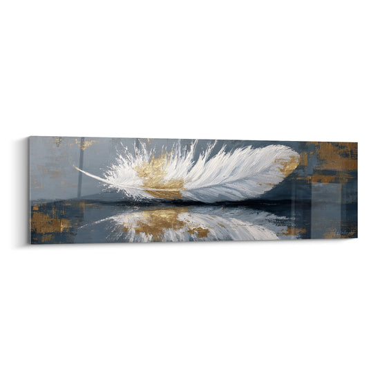 Schilderij Witte Veer en Gouden Reflecties op Blauwgrijze Achtergrond - Kostbare Reflexen - Editie Veer
