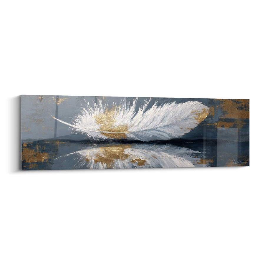 Quadro Piuma Bianca e Dorata Riflessa su Fondo Blu-Grigio - Riflessi Preziosi - Edizione Piuma