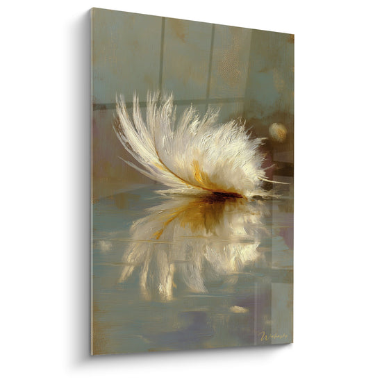 Schilderij Witte en Gouden Veer op Waterreflecties - Etherische Zachtheid - Editie Veer