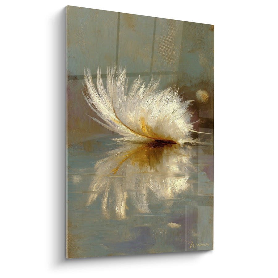 Quadro Piuma Bianca e Dorata su Riflessi Acquatici - Dolcezza Eterea - Edizione Piuma