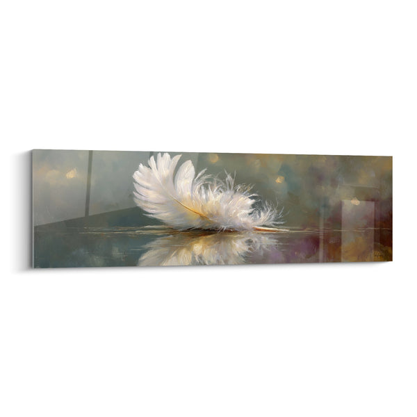 Cuadro de pluma blanca flotando sobre agua tranquila con reflejos dorados - Serenidad Acuática - Edición Pluma