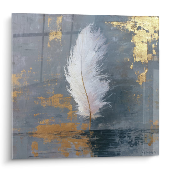 Schilderij Witte Veer op Blauw-Grijze Achtergrond met Vergulding - Natuurlijke Elegantie - Editie Plume