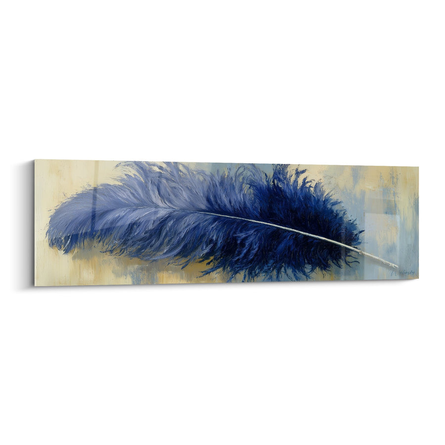 Quadro Piuma Blu Maestosa su Sfondo Beige Tonalizzato - Eleganza Naturale - Edizione Piuma