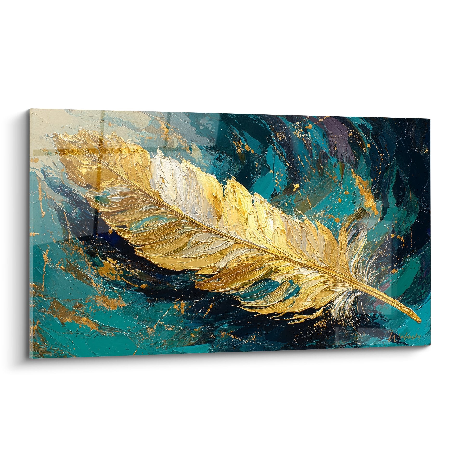 Modern feather gold abstract turquoise navy background contemporary art elegant wall decor