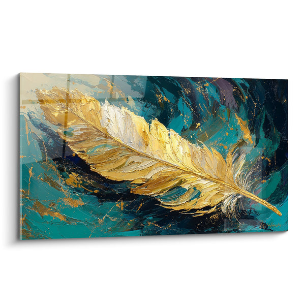 Cuadro Pluma Dorada sobre Fondo Turquesa y Marino - Elegancia Abstracta - Edición Pluma