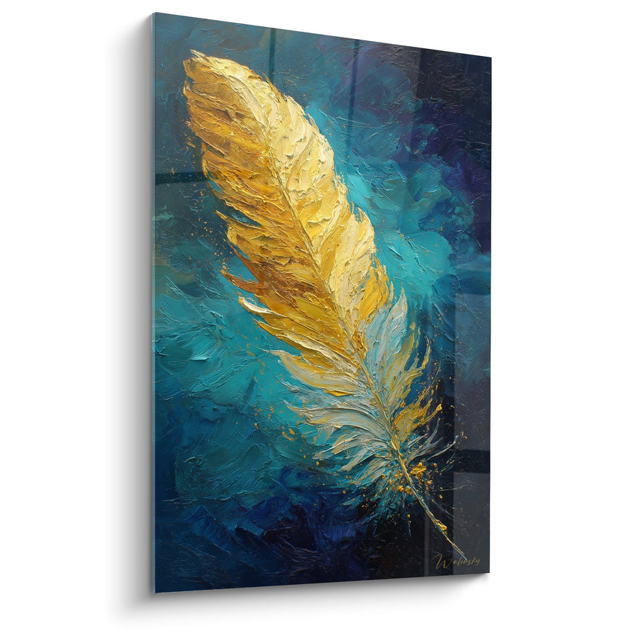 Quadro Piuma Dorata su Sfondo Blu Turchese - Eleganza Naturale - Edizione Plume
