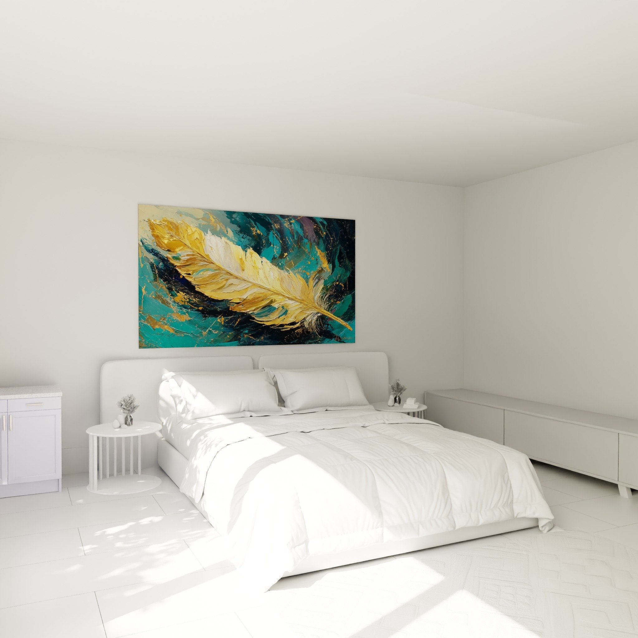 Golden feather wall art bedroom white wall modern decor abstract blue turquoise zen ambiance