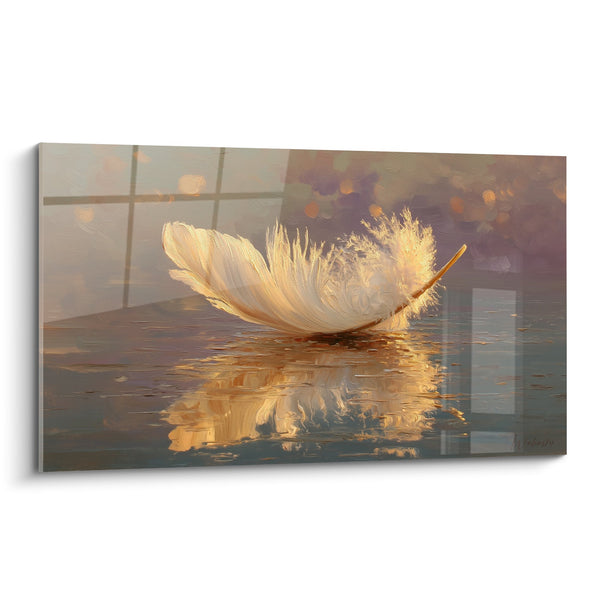 Cuadro de Pluma Dorada Flotando en el Agua con Reflejos Luminosos - Suavidad Acuática - Edición Pluma