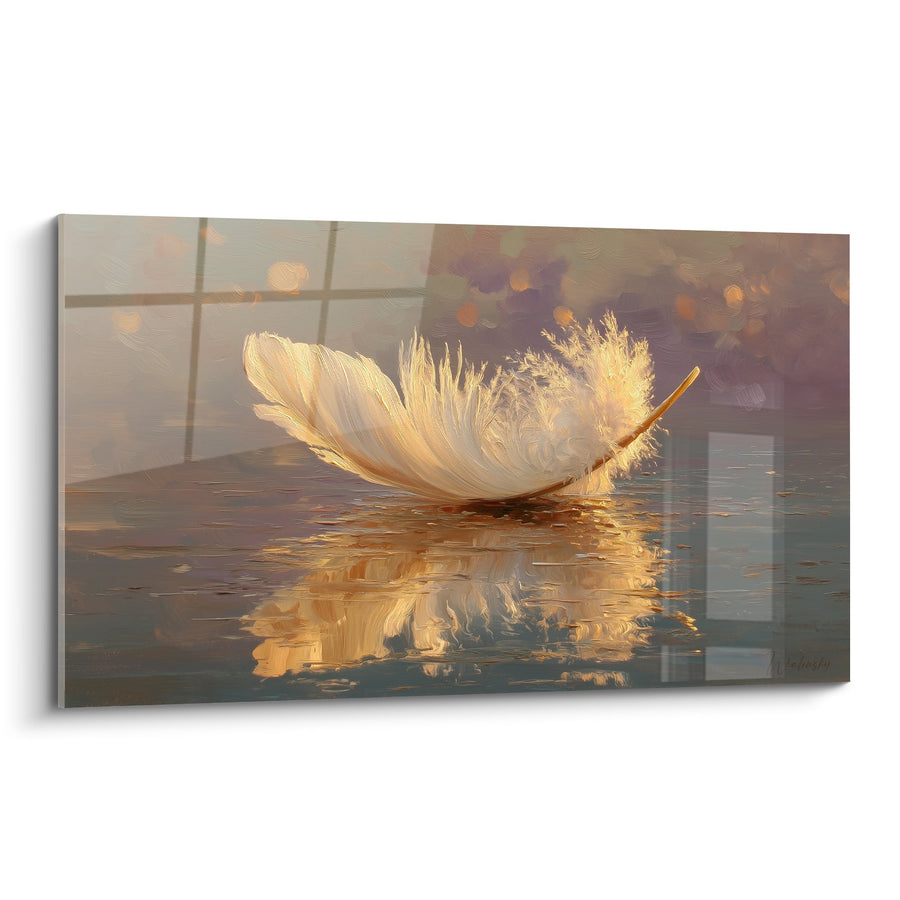 Quadro Piuma Dorata Galleggiante sull'Acqua con Riflessi Luminosi - Dolcezza Acquatica - Edizione Plume