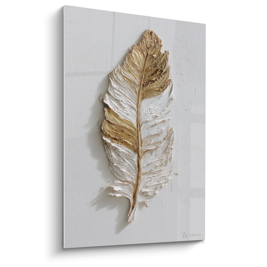 Quadro Piuma Dorata e Bianca in Rilievo con Texture - Eleganza Naturale - Edizione Piuma