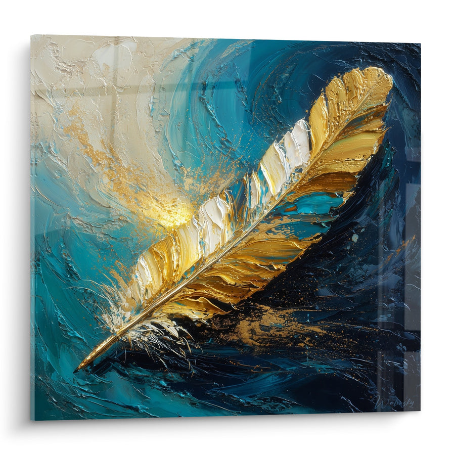 Quadro Piuma Dorata su Fondo Turchese con Scintillii Luminosi - Eleganza Naturale - Edizione Pluma