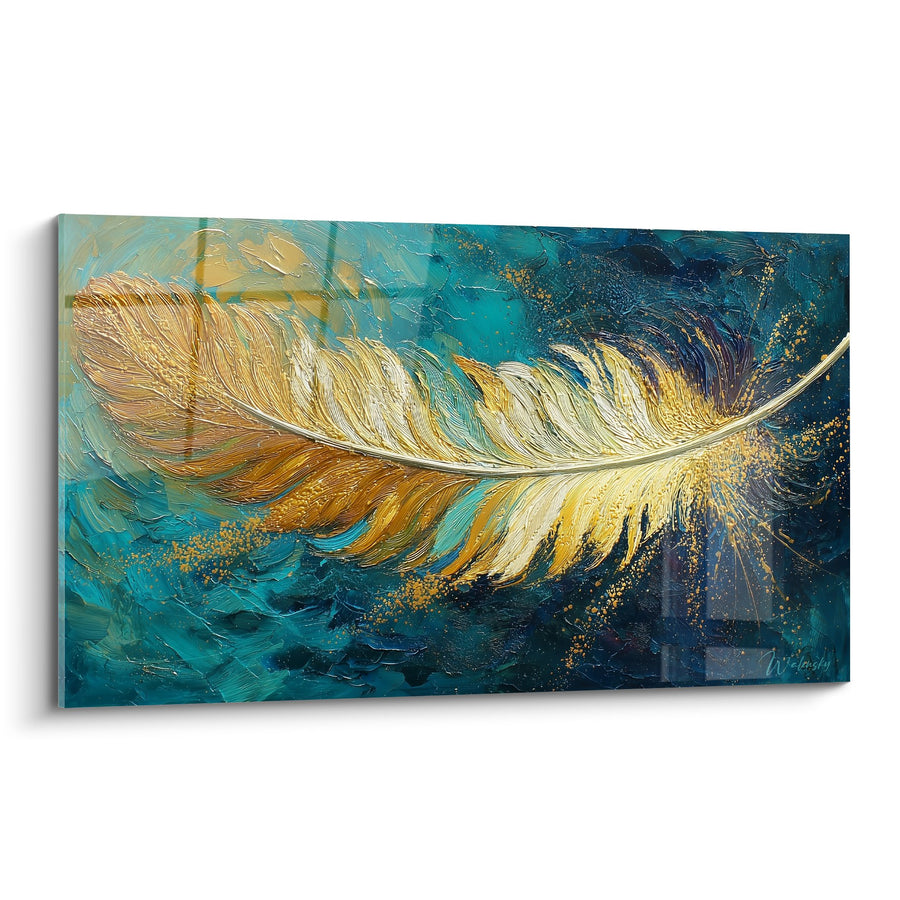 Quadro Piuma Dorata su Fondo Turchese e Blu Navy - Bagliore Dorato - Edizione Piuma