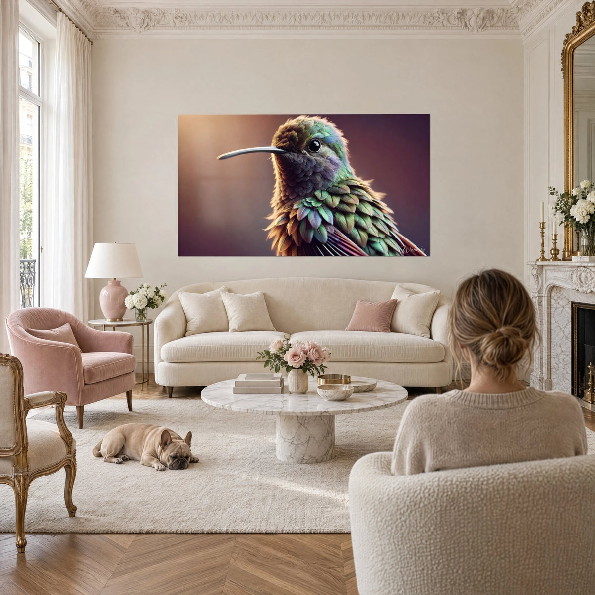 Tableau colibri au long bec noir, plumage vert irisé sur fond prune, avec une femme de dos, au-dessus d'un canapé dans un salon lumineux