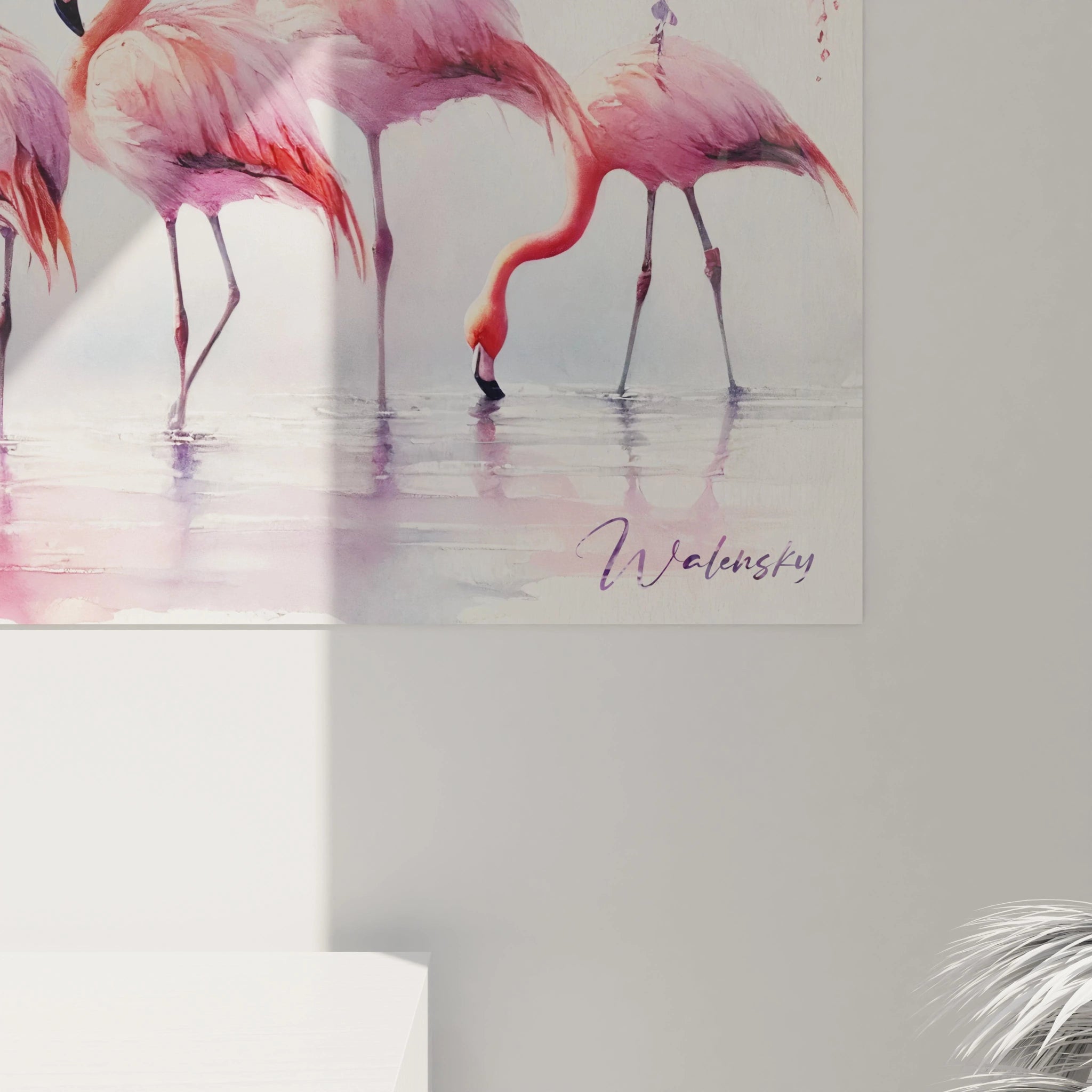 Admirez de près ce tableau flamand rose. Les délicates couleurs pastel et les flamants roses créent une œuvre d'art qui évoque la légèreté et l'élégance dans chaque détail.

