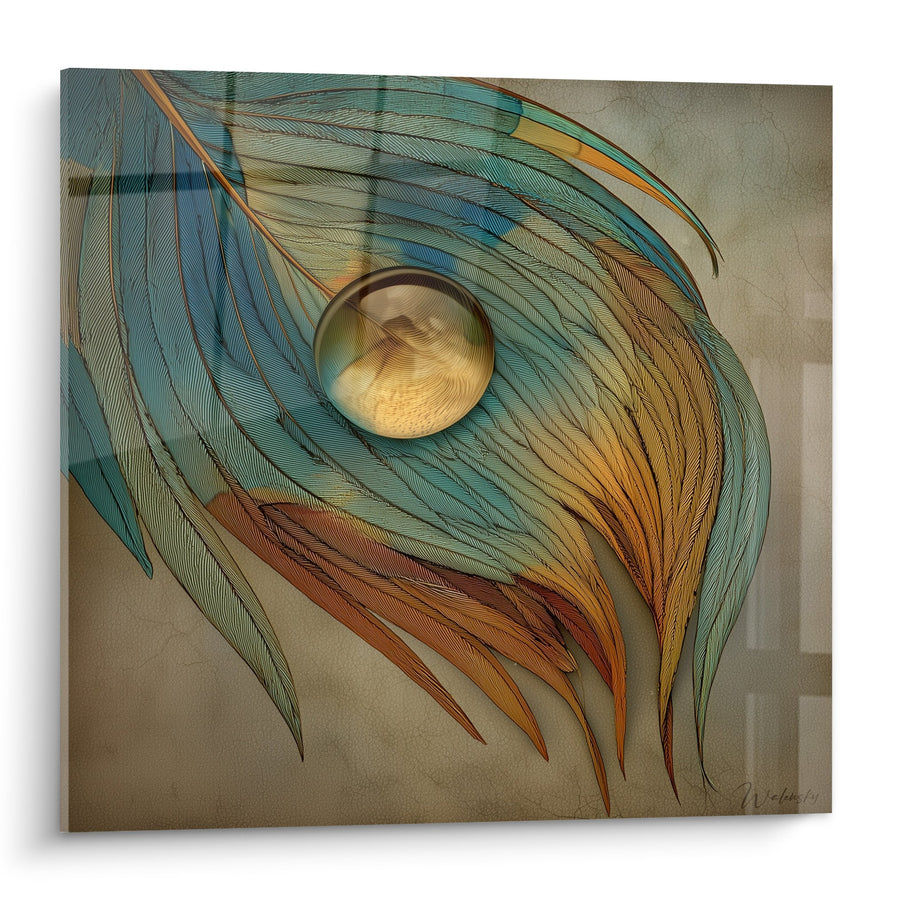 Quadro piuma di pavone stilizzata con riflessi turchesi e dorati - Eleganza naturale - Edizione Piuma