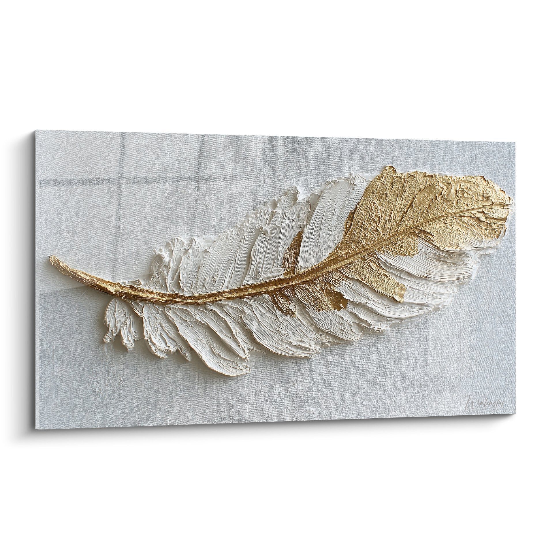 Sculptured feather wall art in white and gold relief on grey canvas, handcrafted texture for premium wall decoration