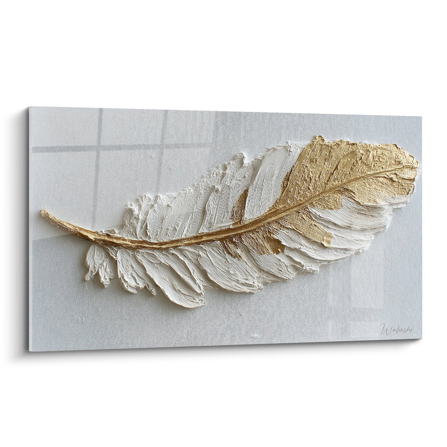 Quadro Piuma in Rilievo Bianco Dorato Texture Scolpita - Raffinatezza Artigianale - Edizione Piuma