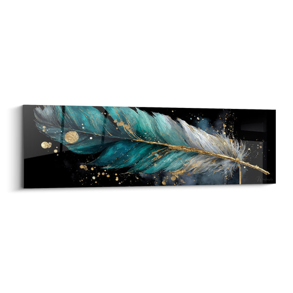 Cuadro de Pluma Turquesa y Oro sobre Fondo Negro Estrellado - Elegancia Celeste - Edición Pluma