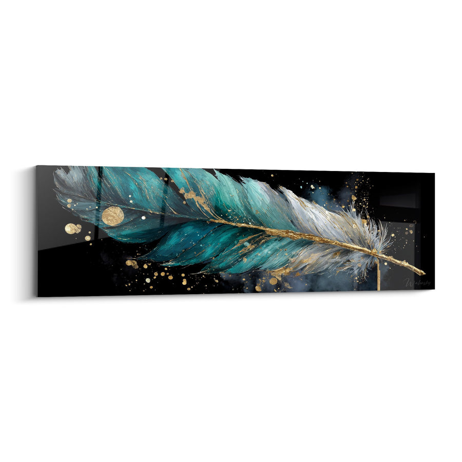Quadro Piuma Turchese e Oro su Fondo Nero Stellato - Eleganza Celeste - Edizione Piuma