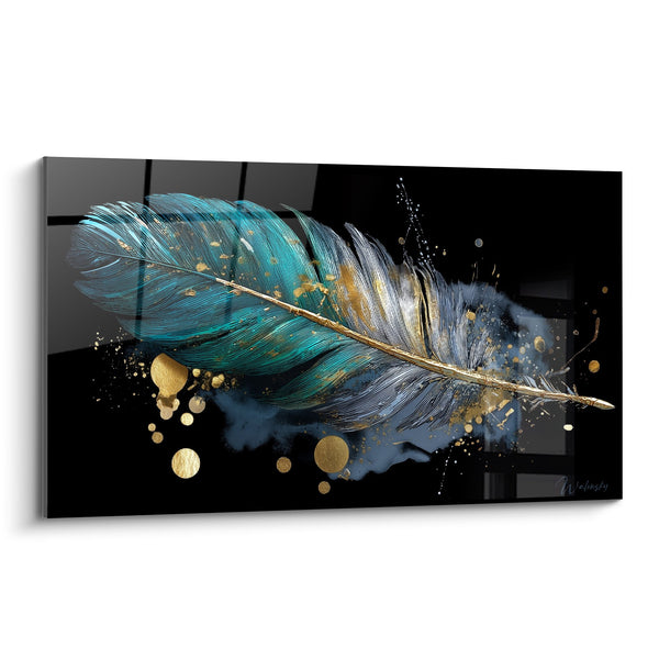 Cuadro de Pluma Turquesa y Dorada sobre Fondo Negro Abstracto - Elegancia Moderna - Edición Pluma