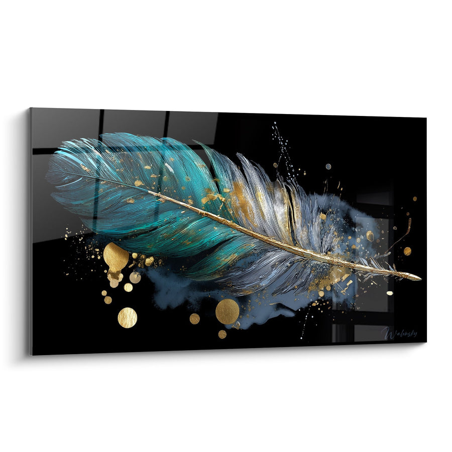 Quadro Piuma Turchese e Dorata su Sfondo Nero Astratto - Eleganza Moderna - Edizione Piuma