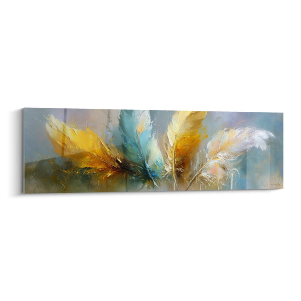 Cuadro de Plumas Abstractas Doradas y Turquesa en Movimiento - Vuelo Celeste - Edición Pluma
