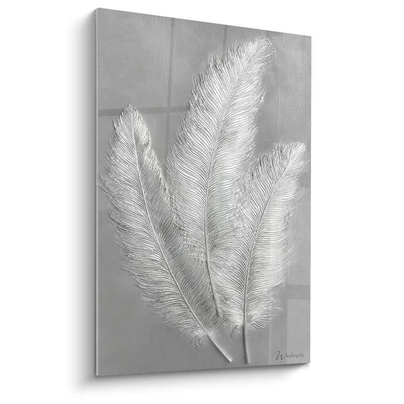 Metallic Silver Feathers on Gray Background Painting - Natural Elegance - Feng Shui West Metal Edition