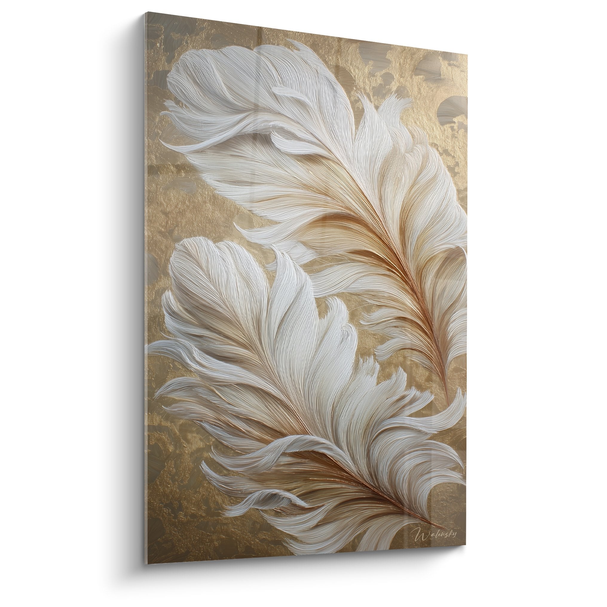 white gold feathers painting textured bronze background contemporary wall art elegant decor