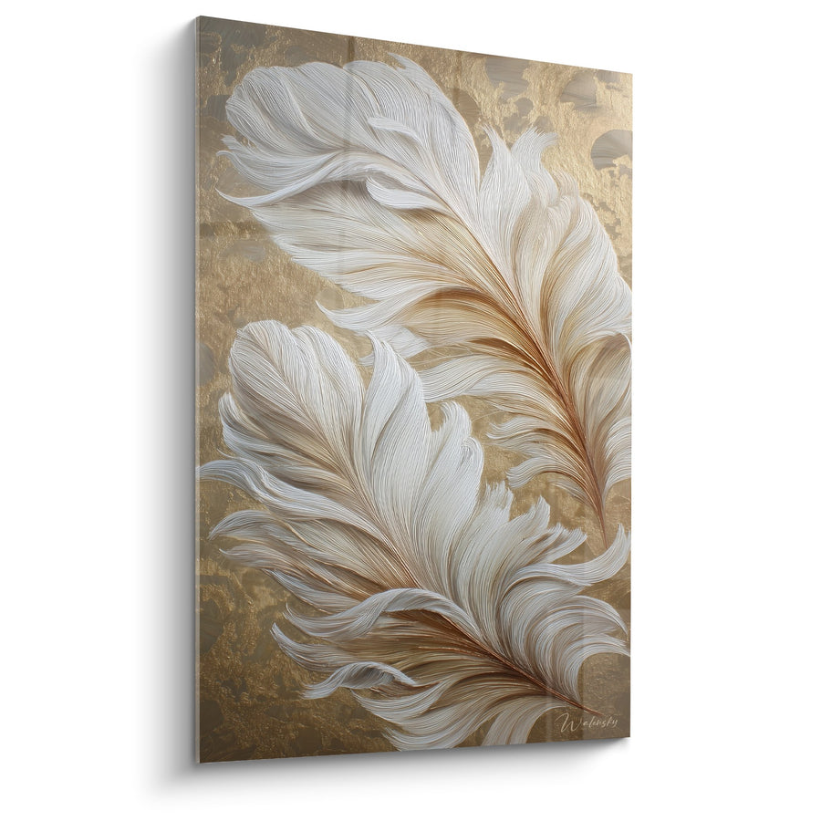 Quadro piume bianche dorate su fondo strutturato - Eleganza Naturale - Edizione Piuma