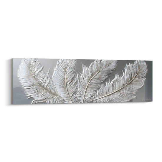 Tableau quatre plumes blanches relief metallique fond gris argente feng shui ouest metal